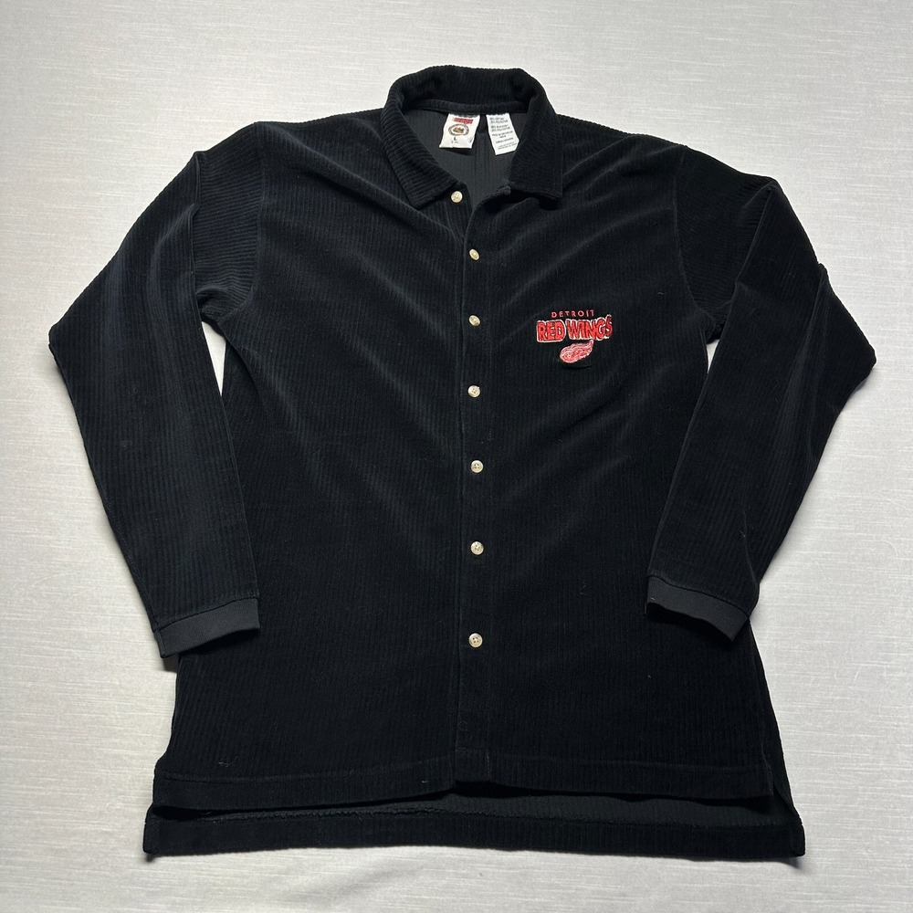 Vintage Edge Detroit Red Wings Button Up Mens L Black Corduroy NHL Hockey 90s
